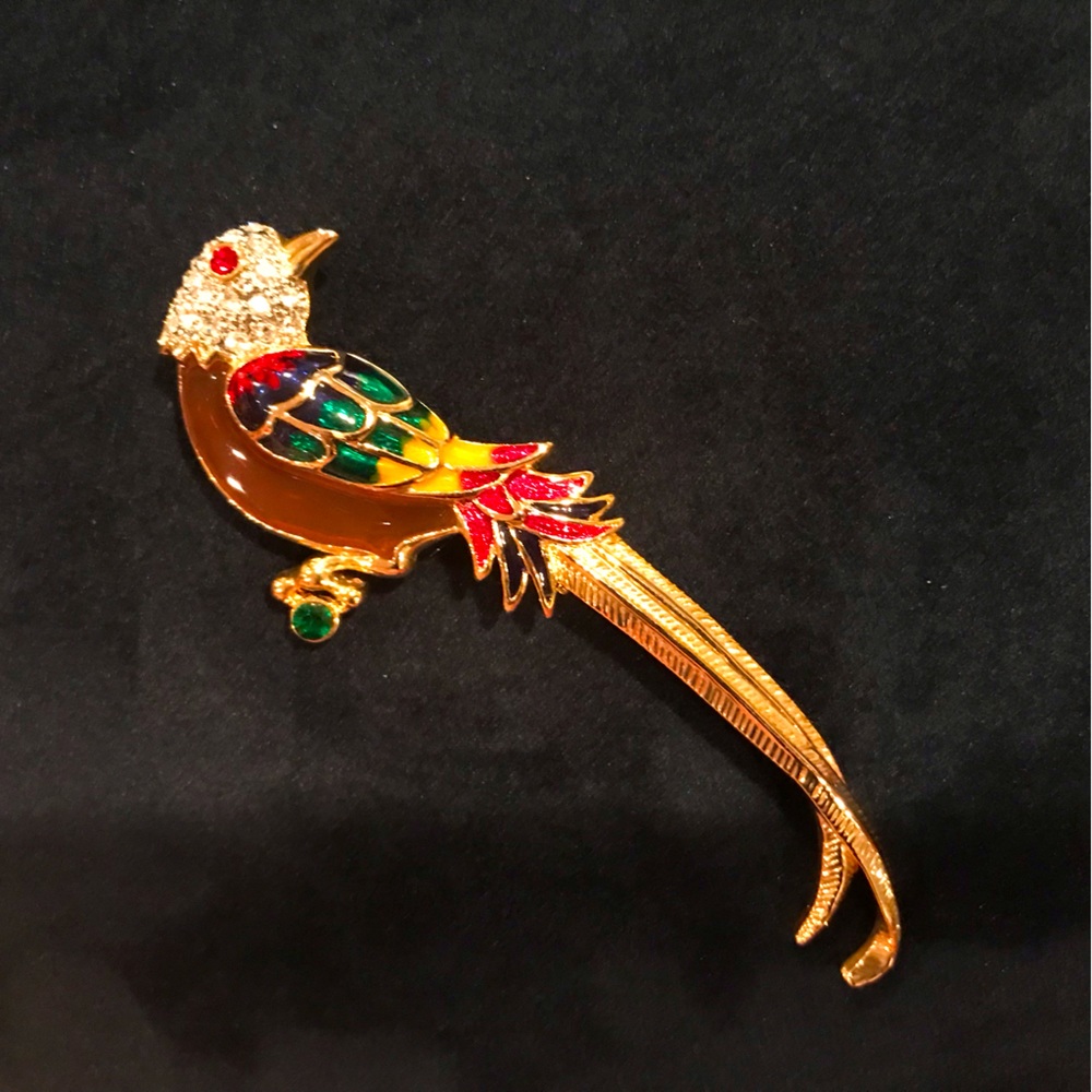 VINTAGE PREMIER DESIGNS—“POLLY” Parrot Brooch—Gold-Tone, Rhinestone, Enamel
